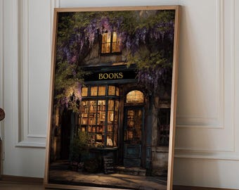 Bookstore Art Print, Cozy Bookshop Illustration, Library Wall Decor, Gift for Book Lover, Reading Nook Poster, Moody Bookstore art print