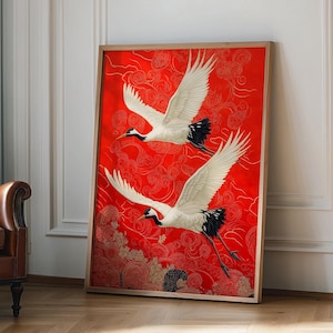 Manifesto giapponese d'epoca con gru, stampa artistica di illustrazione di uccelli, arredamento per la casa, stampa in stile Japandi di gru volanti, poster di uccelli rossi e bianchi