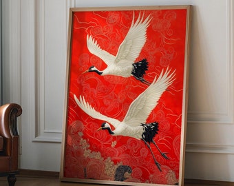 Vintage Japanese poster with Cranes, Bird illustration art print, Home Decor, Flying Cranes Japandi Style Print Red White Bird poster
