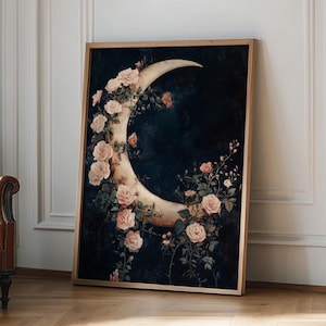 Bloemen wassende maan donkere Cottagecore William Morris Wall Art Print, maanmuurkunst, grillig decor, vintage botanische muurkunst print