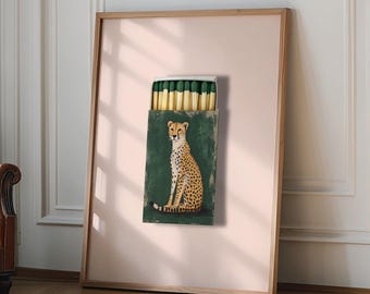 Vintage Matchbox Cheetah Print, Emerald Green Leopard Print, Dopamine Decor, Retro Poster, Green Leopard Print, Funky Wall Art, Animal print