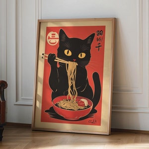 Gatto vintage che mangia ramen, poster di noodles, divertente arte murale con gatto nero, decorazione da cucina, stampa artistica di gatti di ispirazione giapponese, regalo per amanti dei gatti