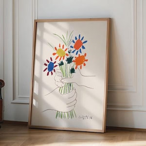 Picasso - Blumenplakat, Picasso Ausstellungsplakat, Ausstellungslinie Kunst Plakat, minimalistische Malerei, Geschenkdruck, Picasso Blumen Wohnkultur