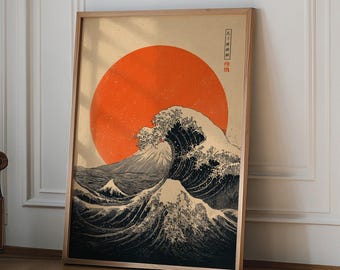Sun and Waves Wall Art Print, Modern Minimalist Ocean Poster, Abstract Japanese Style Artwork, Abstract Art Print, Japandi Minimalist