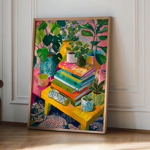 Vibrant Boho Art Print, Colorful Books Plants Wall Decor print, Eclectic Matisse Style Painting, Maximalist Home Art, Retro Aesthetic Gift