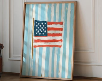 Väggkonst med amerikansk kustflagga, trendig preppy poster, sovsal i lägenhet, affisch med kustnära cowgirl, vintage amerikansk flaggkonst, tryck med amerikansk flagga