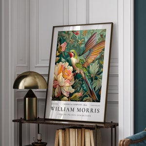 William Morris colibrí pared arte impresión, cartel de William Morris, cartel vintage, floral vintage, regalo para ella, botánico de mediados de siglo