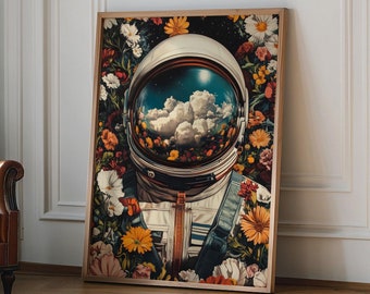 Astronaut Helmet Art Print with Floral and Cosmic Reflection, Unique Space Wall Art, Surreal Astronaut Design for Home Decor, Floral poster