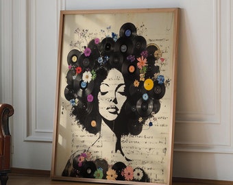 May include: A black and white portrait of a woman with a large afro made of vinyl records and flowers. The background is a vintage sheet of music.