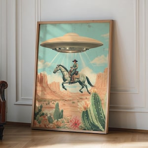 UFO COWBOY Fine Art, Western Americana Poster Druck, Retro Sci-Fi Wohnkultur, Fliegen Alien Wandkunst, Pferdewüste Sci-Fi Poster, Ufo-Druck
