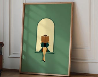 Arte de pared minimalista verde esmeralda, pintura estética para decoración del hogar, impresión cálida y colorida, póster para amantes de los libros, decoración de dopamina