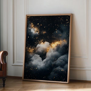 Stimmungsvoller himmlischer Wand-Kunstdruck, dunkler Academia-Dekor, abstrakter Nachthimmel-Sternendruck, Vintage-Maximalisten-Ölgemälde, gotische Druckgeschenkidee