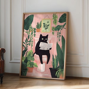 面白いバスルームポスター、新聞を読む猫のプリント、トイレの壁アートプリント、ヴィンテージ猫のプリント、マキシマリストの壁アート、バスルームの装飾壁アート