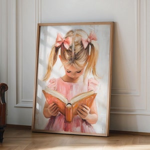 Little Girl Reading Book Print, Pastel Book Nook Wall Art Print, Pink Girly Kid&#39;s Room wall art poster, Colorful Playroom wall Decor