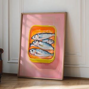 Stampa artistica di pittura a olio di sardine, natura morta artistica di sardine, arte della cucina francese, arredamento del ristorante, arte originale di natura morta, decorazione della parete della cucina