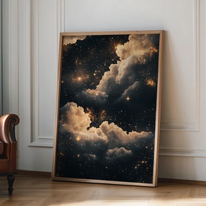 Stimmungsvoller himmlischer Wand-Kunstdruck, dunkler Academia-Dekor, abstrakter Nachthimmel-Sternendruck, Vintage-Maximalisten-Ölgemälde, gotische Druckgeschenkidee