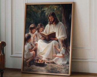 Jesus Teaching Children, Christian Wall Art Print, Christ and Kids Art, LDS Art, Jesus wall Art poster, Bible Wall Art, Christian Home Decor