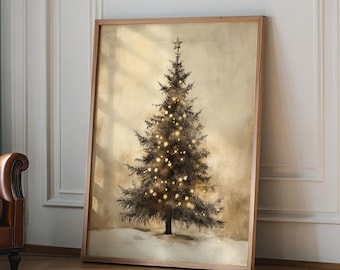 Vintage Christmas Art Print, Christmas Tree Wall Art Print, Christmas Wall Art, Winter Painting Folk Art Print, Xmas Holiday Decor