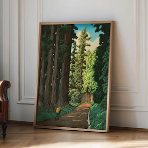 Vintage Japanischer Wald Poster, Holzschnitt-Kunst, Road to Nikko von Kawase Hasui, Japandi Decor, Botanische Wandkunst, Japanischer Druck, Geschenkidee
