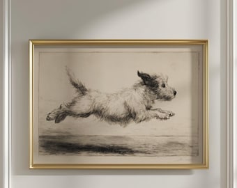Vintage Running Dog Print, Antique Terrier Etching Poster, Puppy Zoomies Wall Art, Dog Lover Gift, Classic Sketch Decor, Pet Owner Print