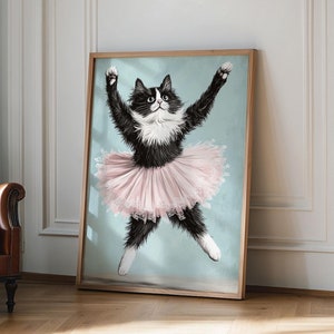 黒猫バレリーナの壁アートプリント、猫バレリーナのポスター、面白いバレリーナ猫の室内装飾、面白いギフトのアイデア、猫好きへのギフト、動物プリント