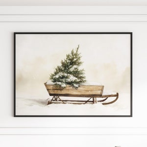 Watercolor Sleigh with Christmas Tree Wall Art, Vintage Sleigh wall art Poster, Christmas Print, Christmas Gallery Wall Art Home Decor
