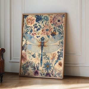 William Morris Dragonfly wall art Print, Vintage Poster, Vintage Floral, Dragonfly Wall Art, Moody Wall Art, Dragonfly Print Cottagecore Art