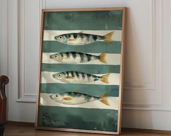 Sardines Fish Oil Painted Print, Green Stripe, Trendy Aesthetic print, Kitchen Wall Art, Retro Modern Food Home Decor Art Print, Kitchen Art