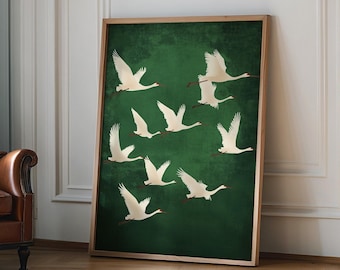 Flying Cranes Japandi Style Print Green White Bird poster Elegant Gallery Wall Art Vintage Japanese Style Artwork, Flying Cranes Print