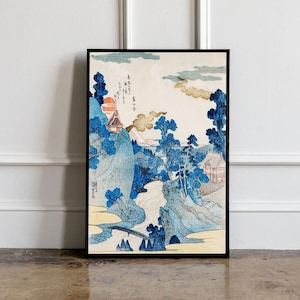 Vista serale d'arte giapponese del Monte Fuji di Utagawa Kuniyoshi Poster vintage, stampa vintage blu, arte giapponese vintage, arte del disegno antico
