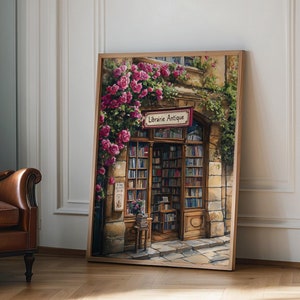 Impresión de librería, impresión artística de librería francesa, póster de librería con rosas, regalo de inauguración de la casa, impresión de librería, regalo para amantes de los libros, regalo para amantes de los libros