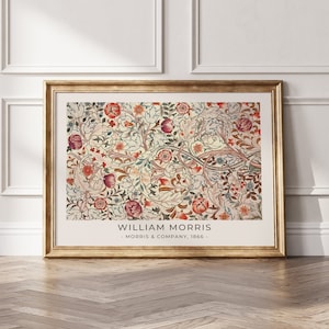 May include: A framed print of a floral pattern with red, pink, and green flowers and leaves. The print is titled "William Morris - Morris & Company, 1866."