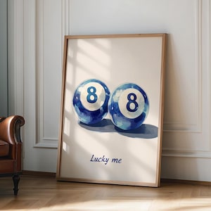 Impresión de 8 bolas de billar, póster azul Lucky Me, arte de pared para el hogar, póster retro, arte de pared maximalista, pósteres preppy, póster estético, impresión funky Y2K