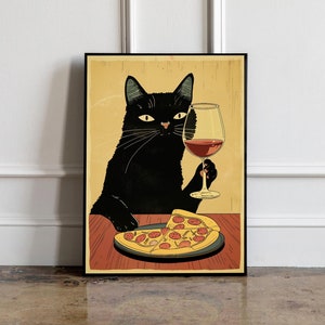 Vintage Black Cat Poster, Bar Decor Wall Art, Kitchen wall decor, Japanese cat wall art print, Cat Lovers Gift, Animal Wall Decor