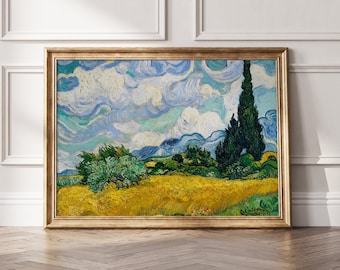May include: A framed painting of a landscape with a field of yellow wheat, a group of trees, and a tall cypress tree in the background. The sky is blue with white clouds.