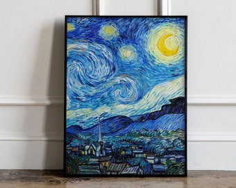 May include: Framed print of Van Gogh's "Starry Night" painting. The artwork features a swirling night sky with a crescent moon and stars above a village with a church steeple. The painting is in a black frame.