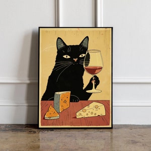 Gatto nero vintage con poster di vino, arte della parete del bar, decorazione della parete della cucina, stampa d'arte della parete del gatto giapponese, regalo per gli amanti dei gatti, decorazione della parete degli animali