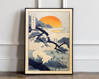 Póster japonés de grúas al amanecer, impresión de arte japonés de grúas, arte de pared VIntage japonés, grabado en madera japonés, decoración de pared de animales