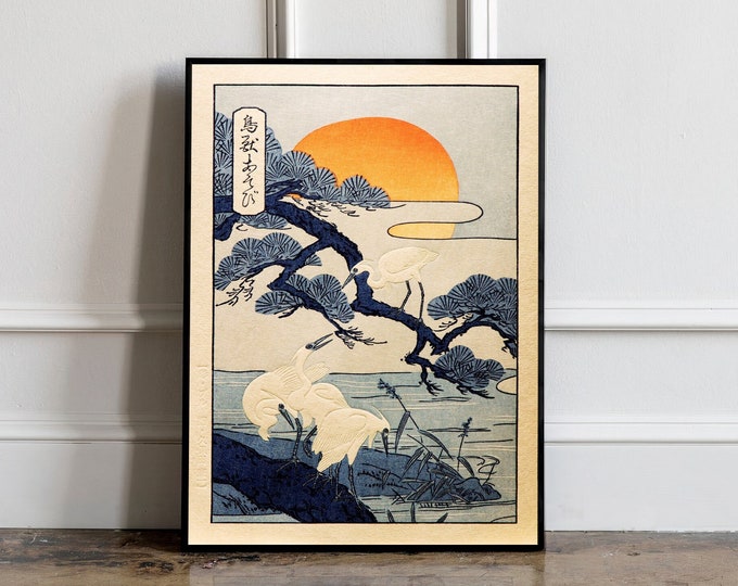 Cranes at sunrise Japanese Poster, Cranes Japanese art print, Japanese VIntage Wall Art, Japanese woodblock print, Animal Wall Decor