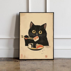 Japanische Sushi Katze Poster, Japanische Katze Druck, Katzenliebhaber Geschenk, Japanische VIntage Wandkunst, Tokyo Kunstdruck, Küchen Wandkunst, Sushi Wand