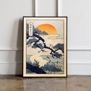 Póster japonés de grúas al amanecer, impresión de arte japonés de grúas, arte de pared VIntage japonés, grabado en madera japonés, decoración de pared de animales