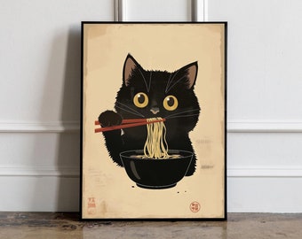 May include: A black cat with big yellow eyes is eating ramen noodles with chopsticks from a black bowl. The image is in a vintage style with a beige background and red Japanese characters.