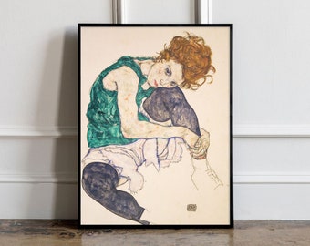 Seated Woman with Legs Drawn Up (1917) by Egon Schiele Print, Egon Schiele Print, Egon Schiele Reproduction, Egon Schiele exhibition poster