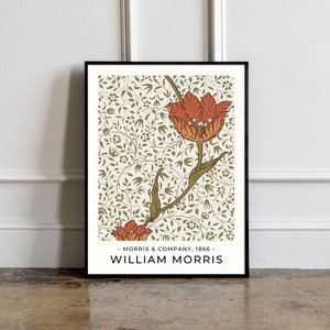 William Morris poster, William Morris print, William Morris rode kunst, vintage poster, rode bloemenprint, bloemen vintage print