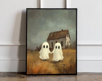 Two Ghosts in a Field Print, Vintage Art Poster, Haunting Ghost