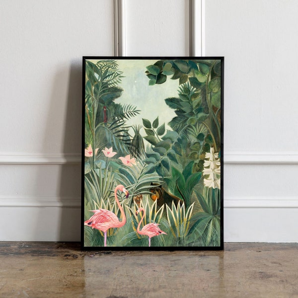 Henri Rousseau The Equatorial Jungle Print with Flamingo, Jungle tropical poster, Tropical wall art, Henri Rousseau poster, Wall Decor