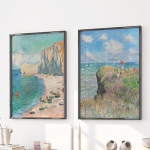 Set of 2 Claude Monet Exhibition Prints, The Beach and the Falaise d'Amont Claude Monet,  Monet Exhibition Print, Landscape wall art