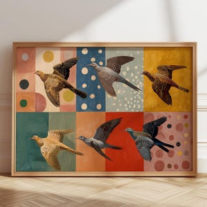 May include: A framed artwork featuring six birds in flight, set against a colorful, geometric background. The birds have brown, gray, and blue wings. The background is divided into squares with patterns of dots and shapes in various colors.