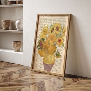 Vincent Van Gogh Posters on old antique page book , Sunflower Poster, Van Gogh Wall art, Van Gogh Print, Sunflower print, Living Room Decor