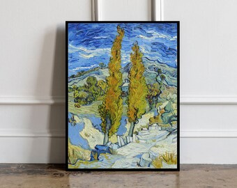May include: A painting of a landscape with two tall, yellow trees in the foreground. The trees are in front of a white building and a blue sky with white clouds. The painting is done in a style reminiscent of Vincent van Gogh.